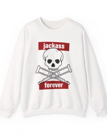 Jackass Forever Red Skull and Crutches Warning Logo Raglan Unisex Heavy Blend™ Crewneck Sweatshirt