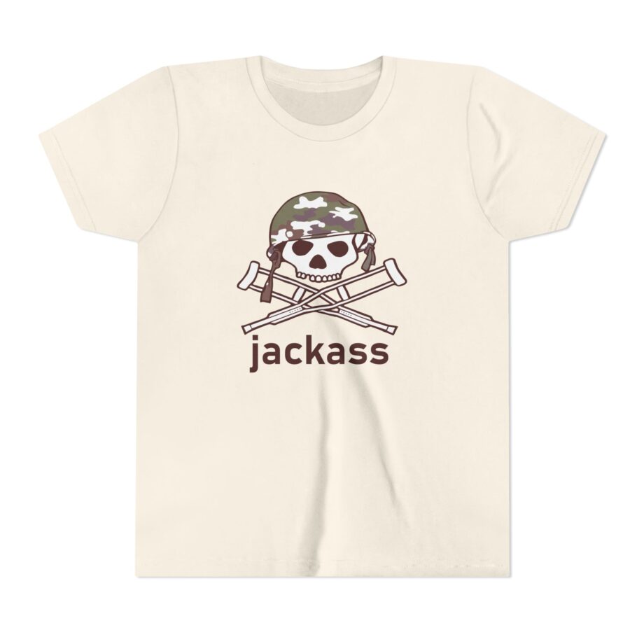Jackass Camouflage Helmet Warning Logo Raglan Youth Short Sleeve Tee