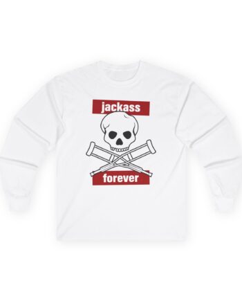 Jackass Forever Red Skull and Crutches Warning Logo Raglan Unisex Ultra Cotton Long Sleeve Tee