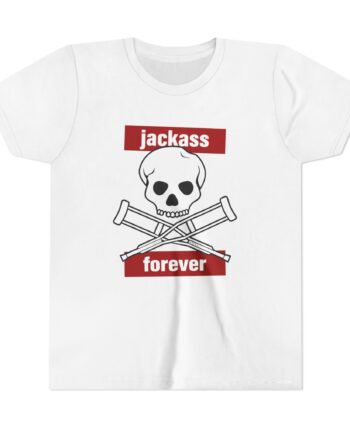 Jackass Forever Red Skull and Crutches Warning Logo Raglan Youth Short Sleeve Tee